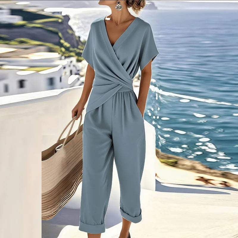 Colleen™ Elegant Two-Piece Set | Wrap-Front Top and Cropped Trousers