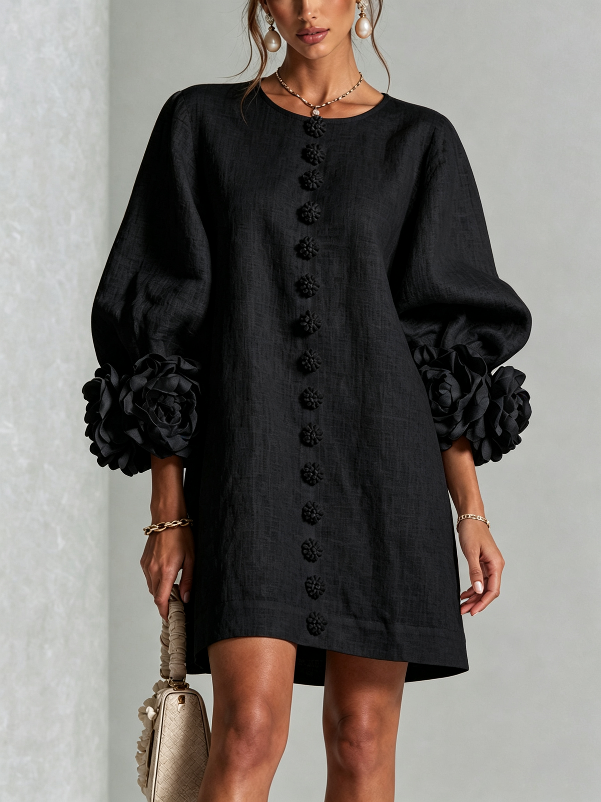 Silvia | Mini Button Dress with Floral Cuffs