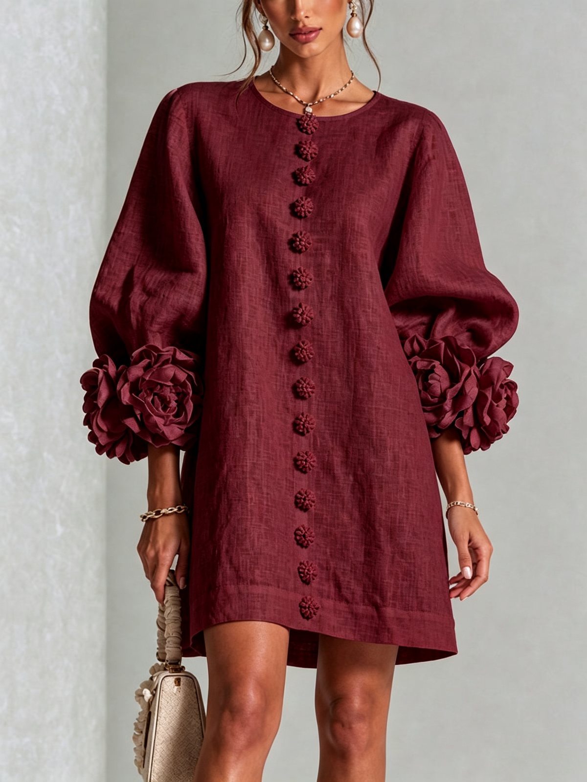 Silvia | Mini Button Dress with Floral Cuffs