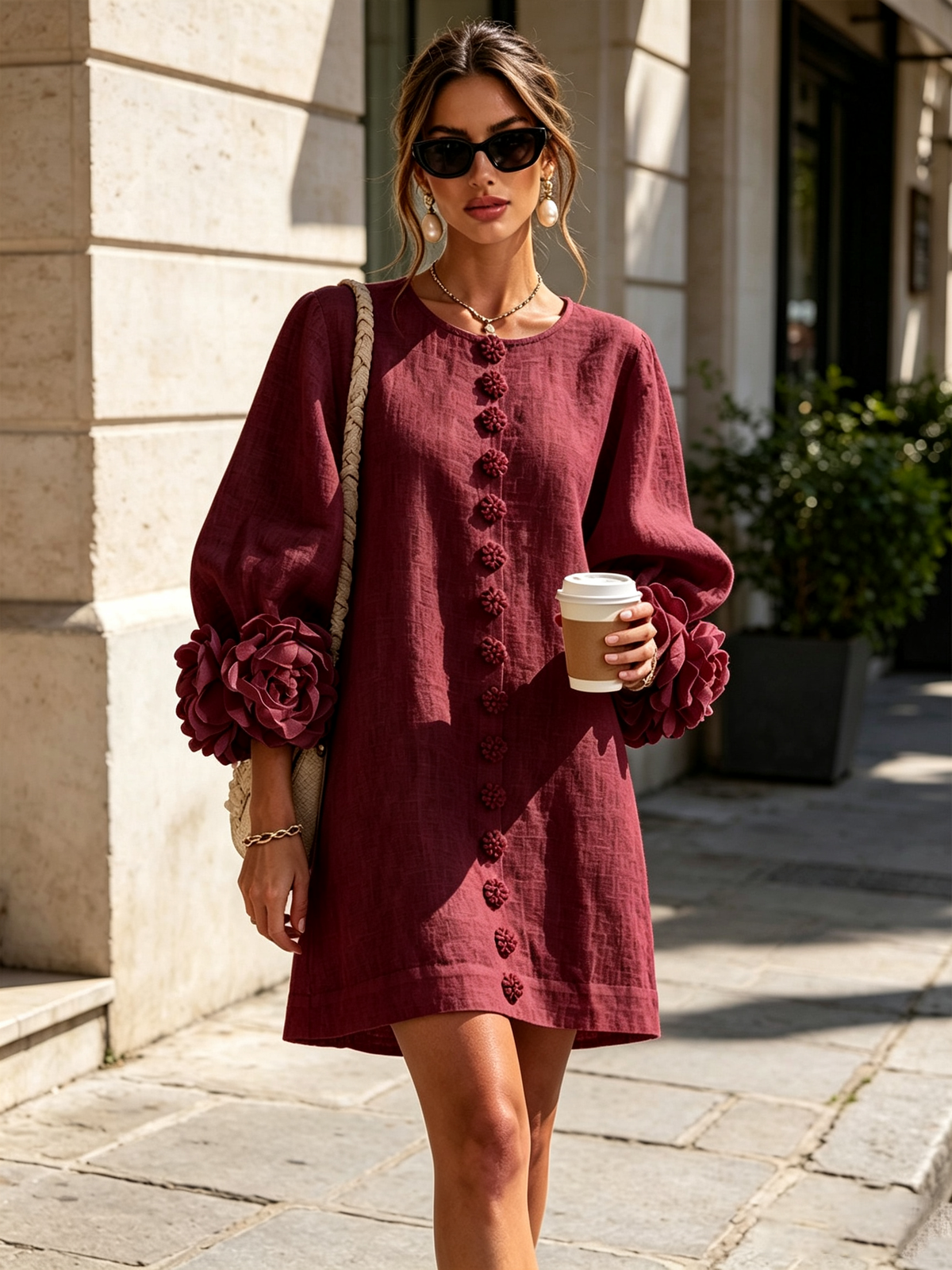 Silvia | Mini Button Dress with Floral Cuffs
