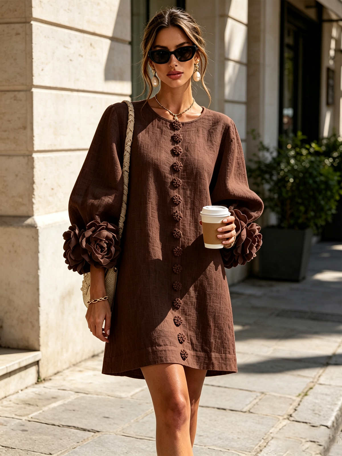 Silvia | Mini Button Dress with Floral Cuffs