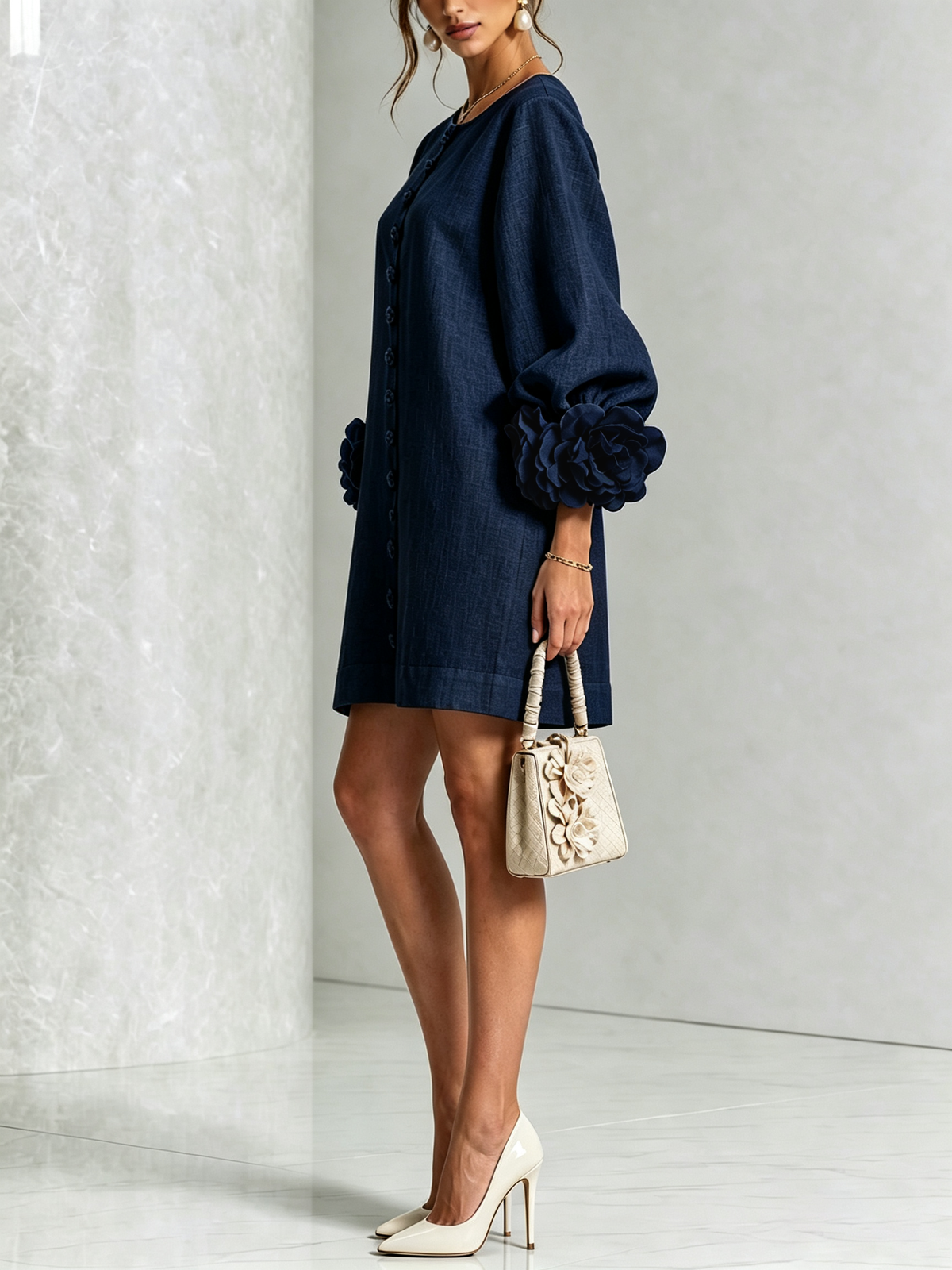 Silvia | Mini Button Dress with Floral Cuffs