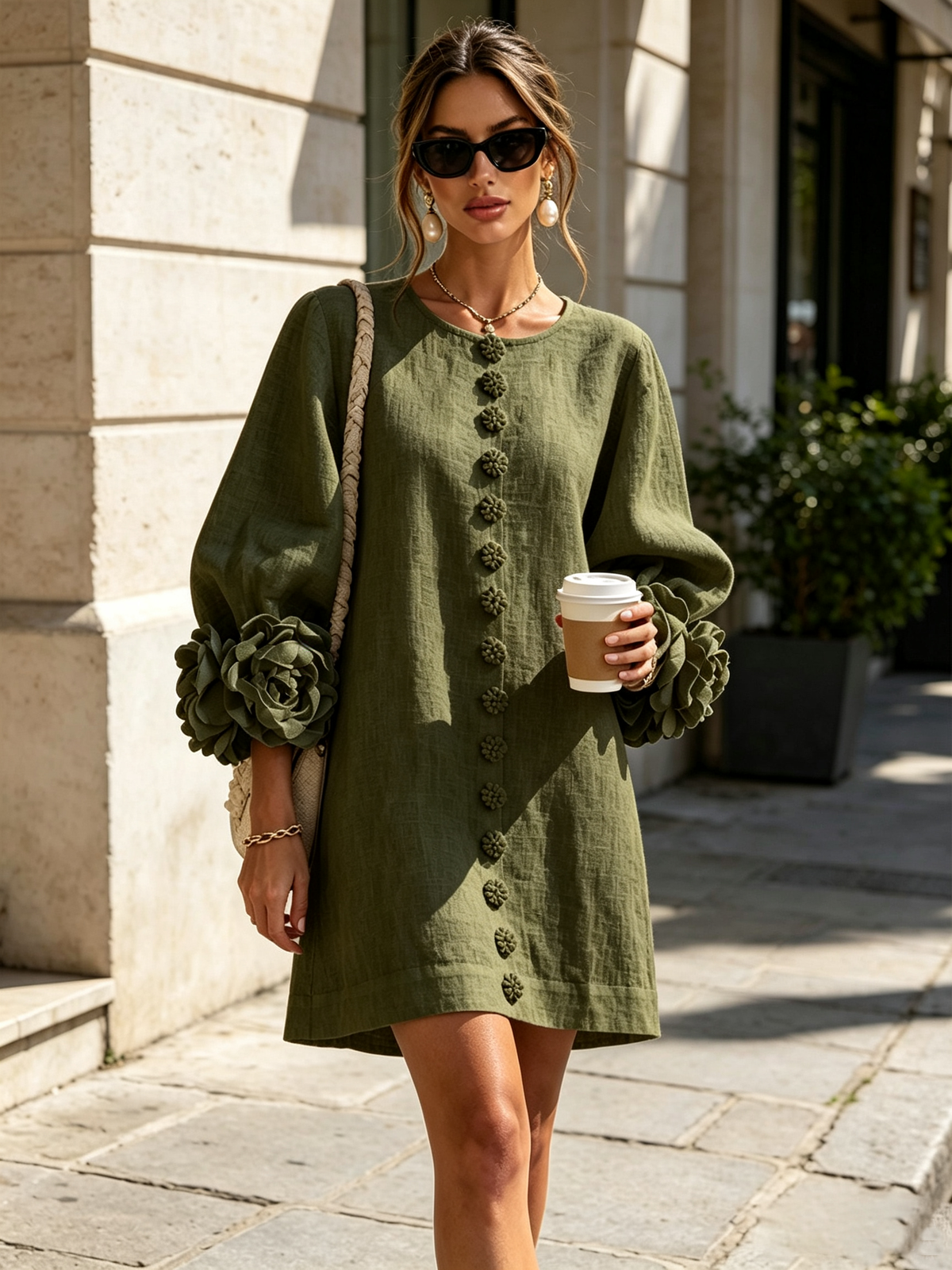 Silvia | Mini Button Dress with Floral Cuffs