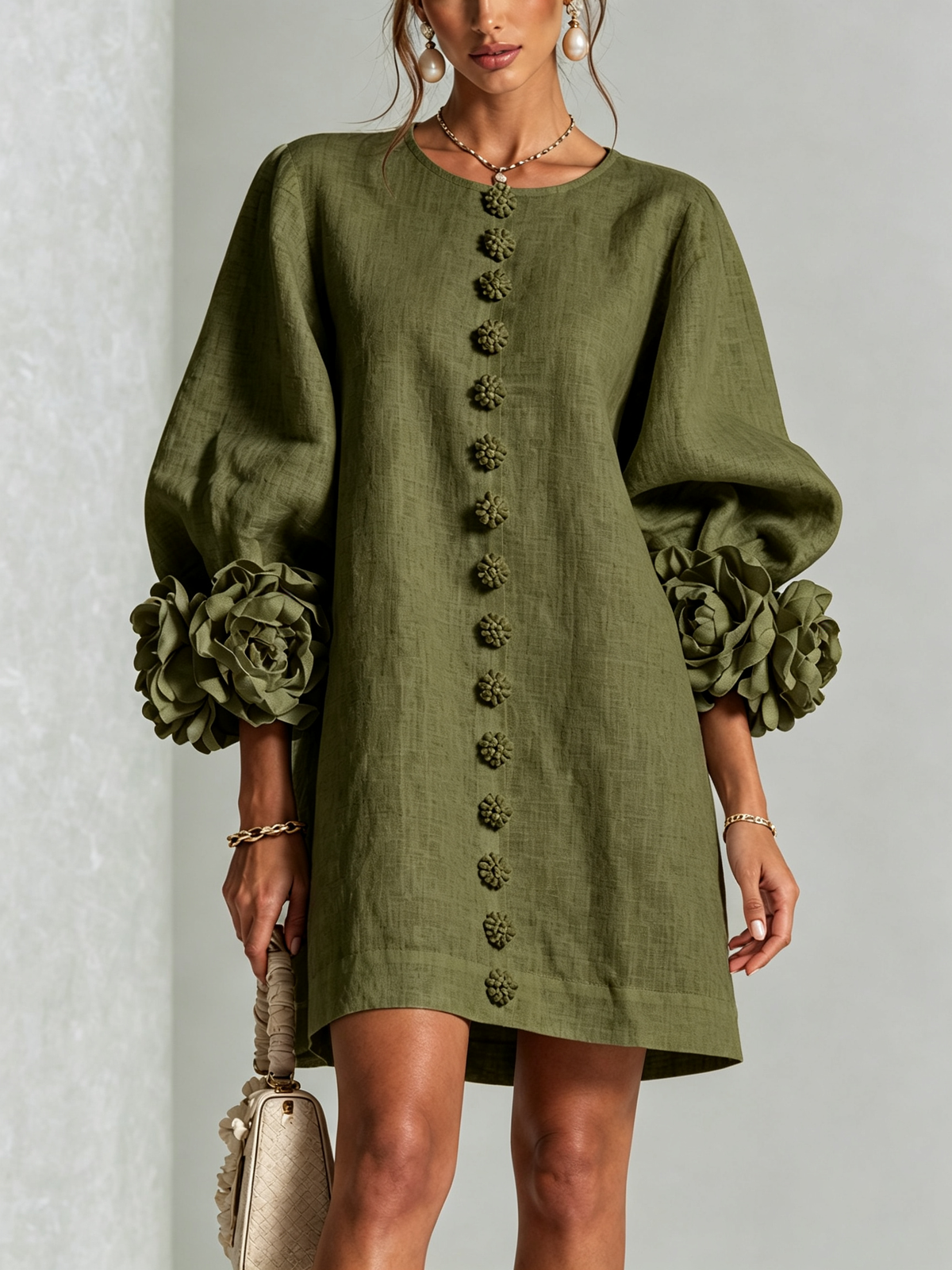 Silvia | Mini Button Dress with Floral Cuffs
