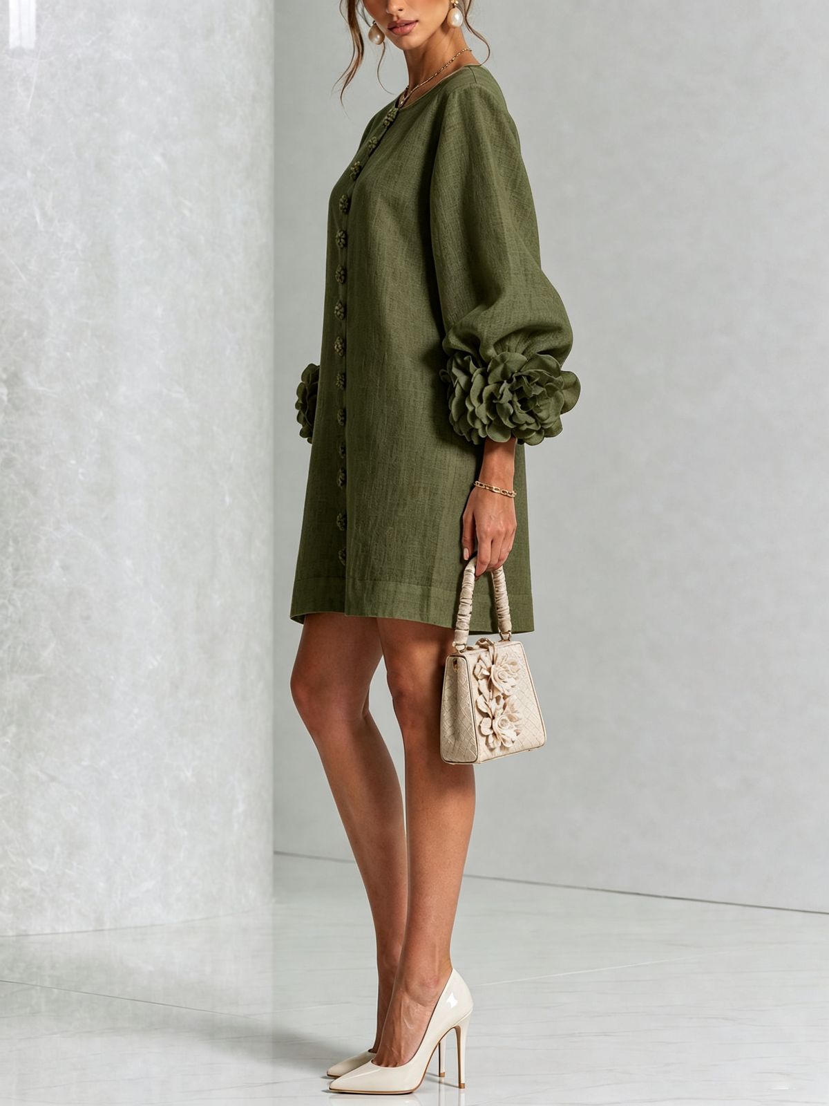 Silvia | Mini Button Dress with Floral Cuffs