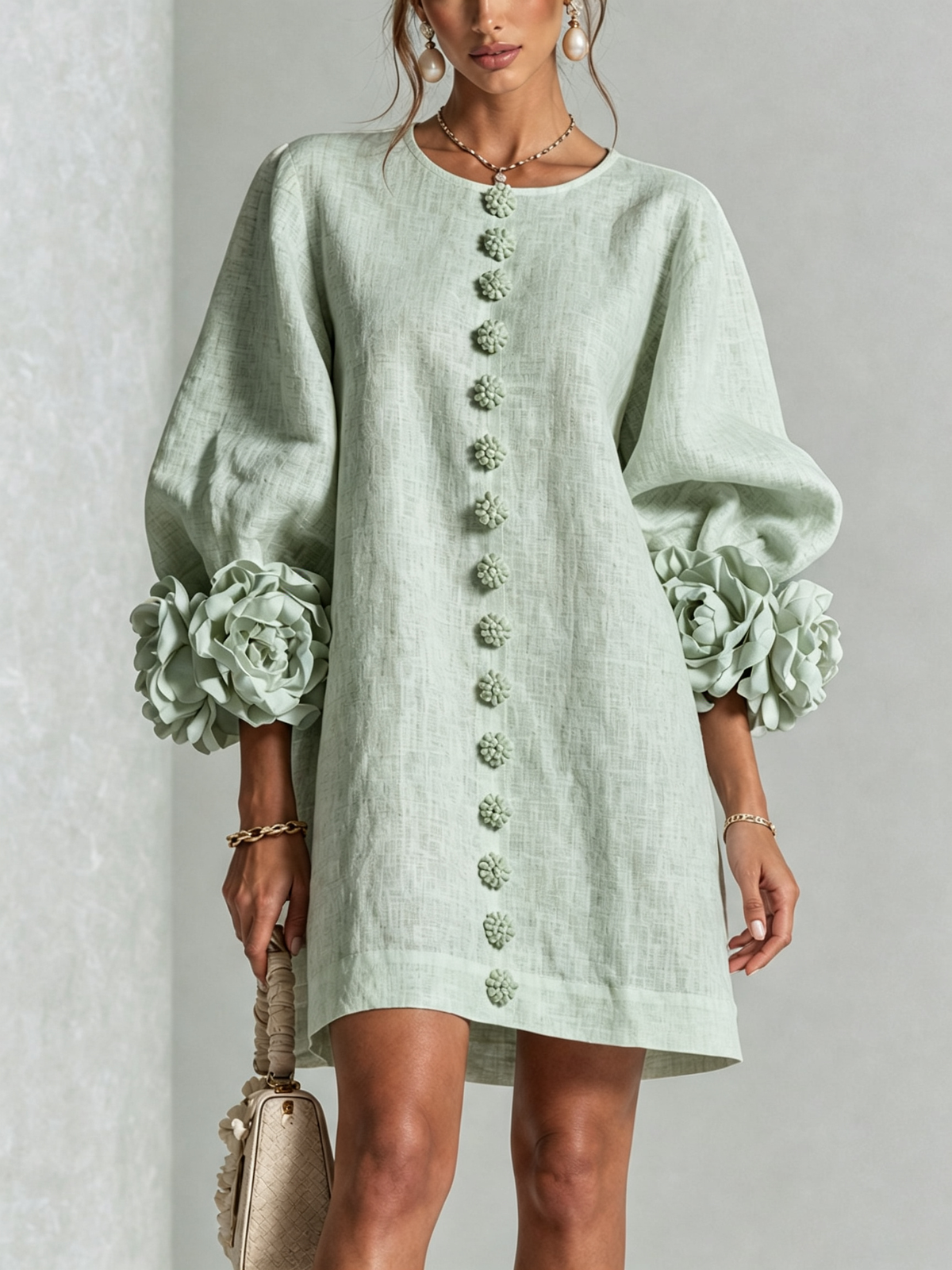 Silvia | Mini Button Dress with Floral Cuffs