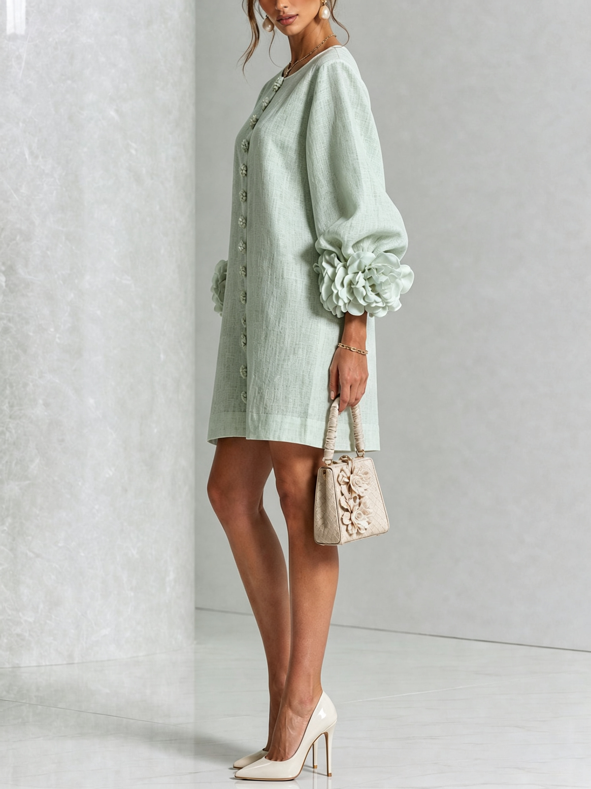 Silvia | Mini Button Dress with Floral Cuffs