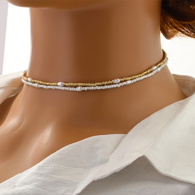 ELARA | LAYERED GOLD & PEARL BEADED NECKLACE SET